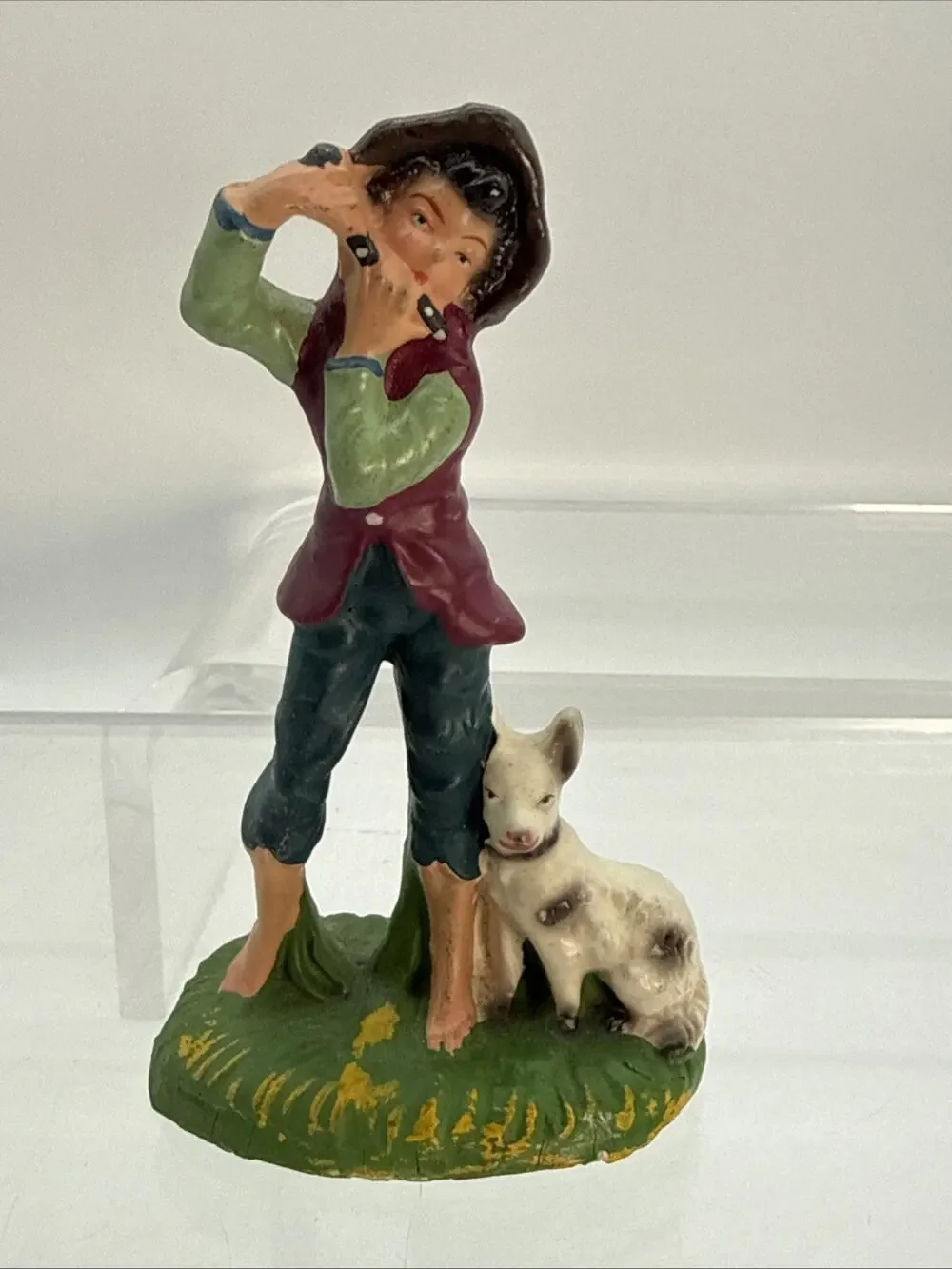 Vintage Fontanini Italy Paper Mache Shepherd Playing Flute w/ Dog 5